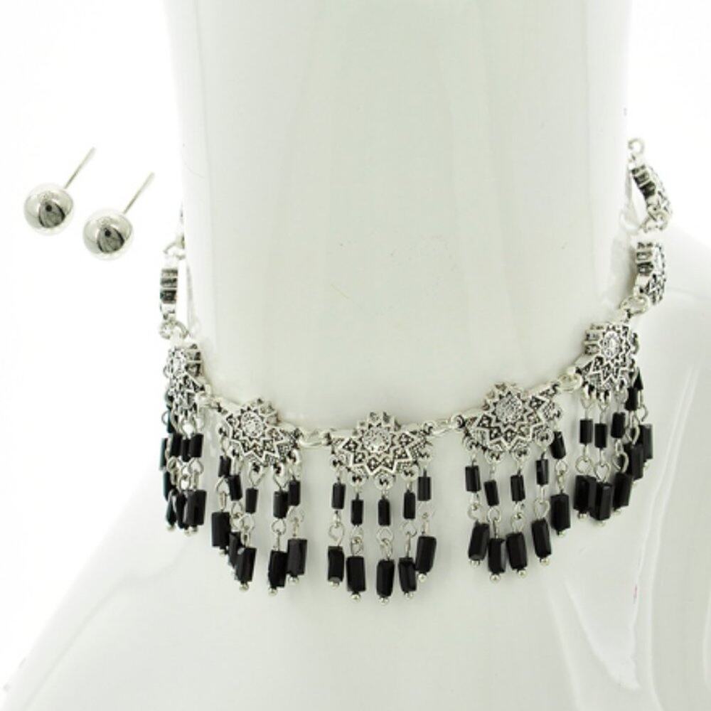 Antique Silver Tone Choker & Earring  Set